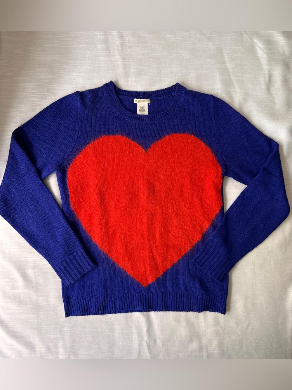 J. Crew Kids Royal Blue Crewneck Wool Rabbit Hair Blend Sweater w/ Red Heart, 14